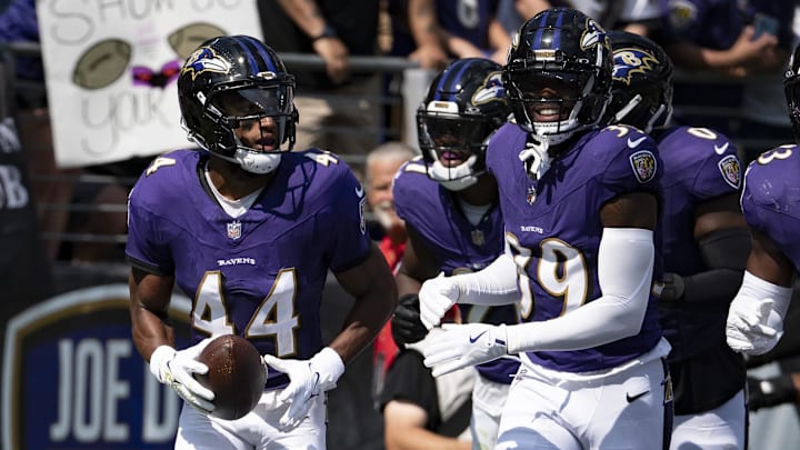 Baltimore Ravens cornerback Marlon Humphrey (44) celebrates with teammates after intercepting Las Vegas Raiders quarterback Gardner Minshew during the first half at M&T Bank Stadium. Baltimore Ravens cornerback Marlon Humphrey (44) celebrates with teammates after intercepting Las Vegas Raiders quarterback Gardner Minshew during the first half at M&T Bank Stadium.