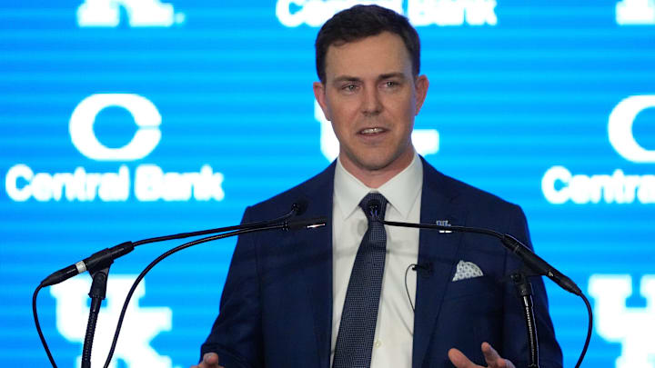 New Kentucky Wildcat head coach Will Stein makes remarks as he is introduced at Kentucky on Wednesday, December 3, 2025