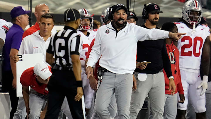 Oct 12, 2024; Eugene, Oregon, USA; Ohio State Buckeyes head coach Ryan Day yells for a penalty against Oregon Ducks in the second half during the NCAA football game at Autzen Stadium.