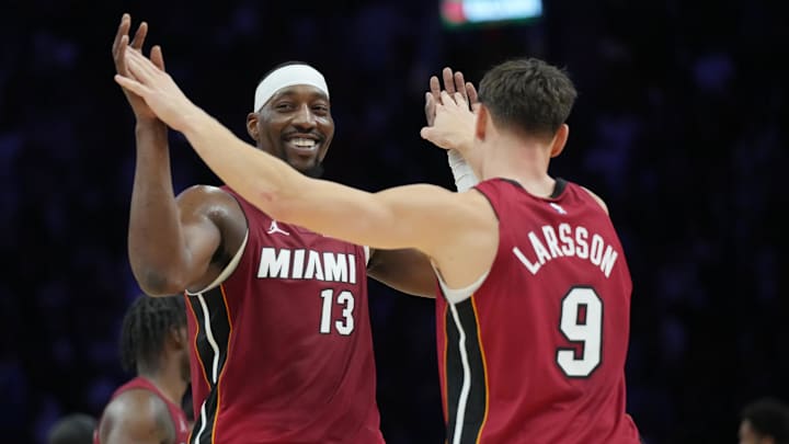 Nov 24, 2025; Miami, Florida, USA; Miami Heat center Bam Adebayo (13) and Miami Heat guard Pelle Larsson (9) celebrate the win over the Dallas Mavericks at Kaseya Center. Mandatory Credit: Jim Rassol-Imagn Images Nov 24, 2025; Miami, Florida, USA; Miami Heat center Bam Adebayo (13) and Miami Heat guard Pelle Larsson (9) celebrate the win over the Dallas Mavericks at Kaseya Center. Mandatory Credit: Jim Rassol-Imagn Images