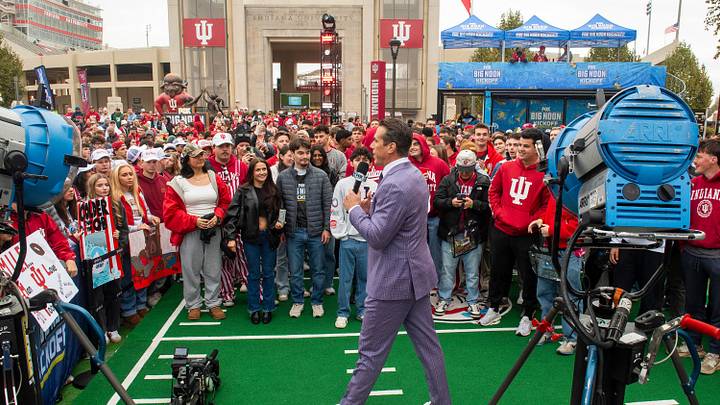 Brady Quinn welcomes fans during the BIg Noon Kickoff before the Indiana versus UCLA football game at Memorial Stadium on Saturday, Oct. 25, 2025. Brady Quinn welcomes fans during the BIg Noon Kickoff before the Indiana versus UCLA football game at Memorial Stadium on Saturday, Oct. 25, 2025.
