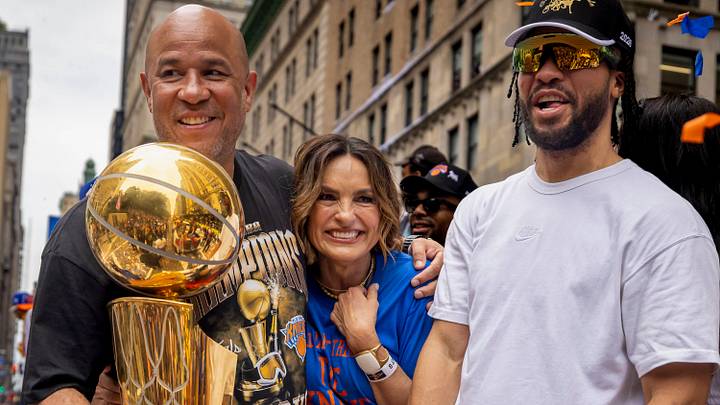 New York Knicks Championship Ticker Tape Parade Assistant Coach Rick Brunson of the New York Knicks, actor Mariska Hargitay, and Jalen Brunson 11 ride on a float during the New York Knicks Championship ticker tape parade and victory rally celebrating winning the 2026 NBA Finals. The New York Knicks defeated the San Antonio Spurs in five games to win their first NBA Championship in 53 years. New York City New York United States