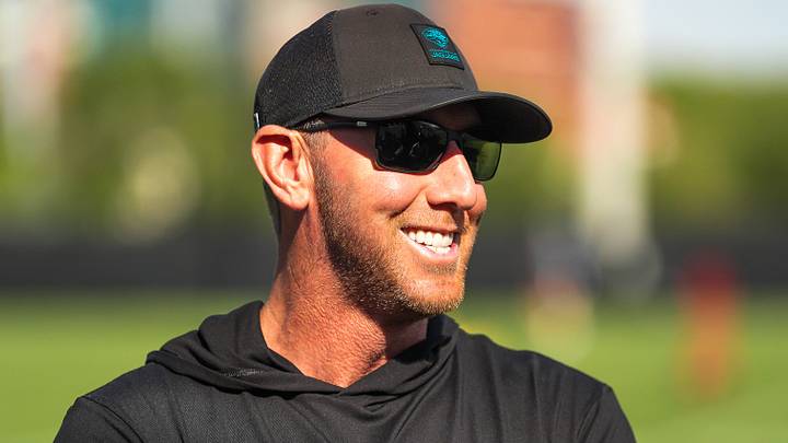 Jacksonville Jaguars head coach Liam Coen laughs with coaches before the Jaguars held their final Organized Team Activity on Monday, June 15, 2026 at the Miller Electric Center in Jacksonville, Fla. [Doug Engle/Florida Times-Union]