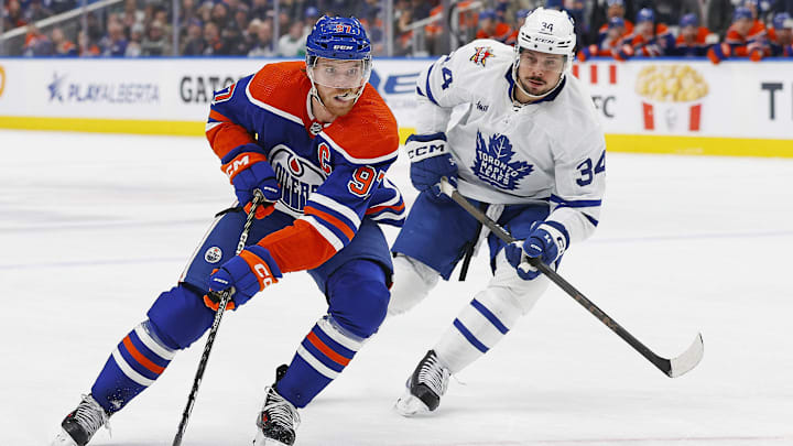 Jan 16, 2024; Edmonton, Alberta, CAN; Edmonton Oilers forward Connor McDavid (97) carries the puck