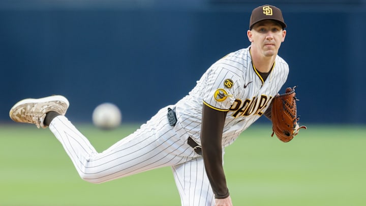 Apr 28, 2026; San Diego, California, USA; San Diego Padres starting pitcher Walker Buehler (10) throws a pitch during the first inning against the Chicago Cubs at Petco Park. Mandatory Credit: David Frerker-Imagn Images