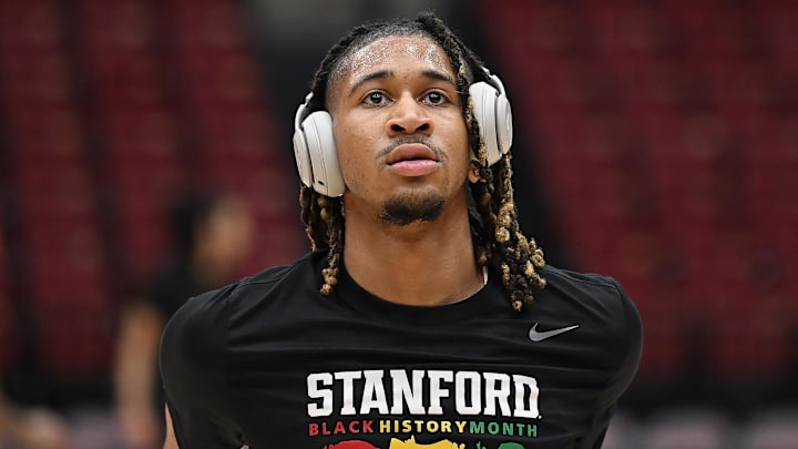 Feb 10, 2024; Stanford, California, USA; Stanford Cardinal guard Kanaan Carlyle (3) warms up in a shirt commemorating Black History Month before the game between the Stanford Cardinal and the USC Trojans at Maples Pavilion. Mandatory Credit: Robert Edwards-Imagn Images