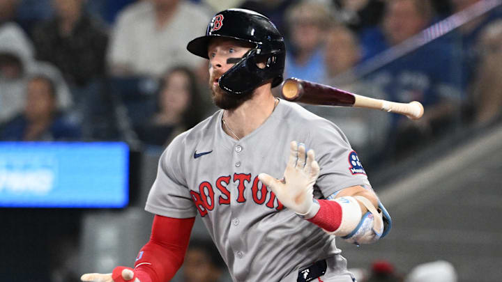 Sep 23, 2025; Toronto, Ontario, CAN; Boston Red Sox shortstop Trevor Story (10) hits a double against the Toronto Blue Jays in the fifth inning at Rogers Centre. Mandatory Credit: Dan Hamilton-Imagn Images Sep 23, 2025; Toronto, Ontario, CAN; Boston Red Sox shortstop Trevor Story (10) hits a double against the Toronto Blue Jays in the fifth inning at Rogers Centre. Mandatory Credit: Dan Hamilton-Imagn Images