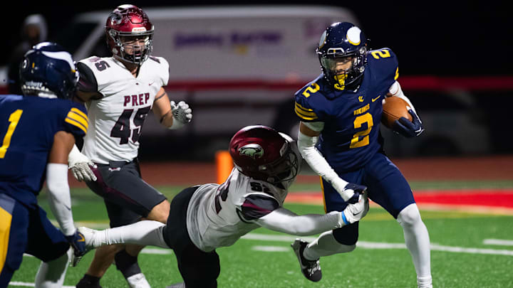 Central Catholic's Xxavier Thomas (2) returns a kick in the first half of the PIAA Class 6A football championship game against St. Joseph's Prep at Cumberland Valley High School, Saturday, Dec. 7, 2024, in Silver Spring Township, Pa.