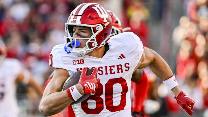 Indiana receiver Charlie Becker runs after a catch Nov. 1, 2025, against Maryland Terrapins at SECU Stadium.