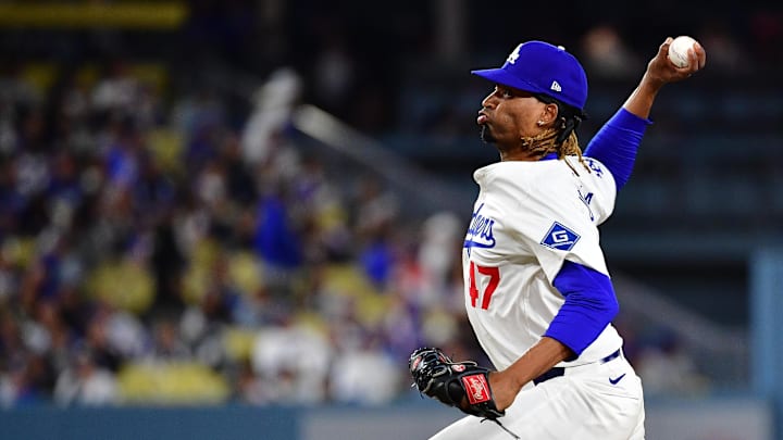 Los Angeles Dodgers relief pitcher Jose Urena (47) throws against the New York Mets during the ninth inning at Dodger Stadium on June 3, 2025.
