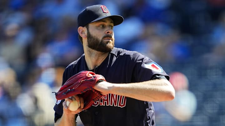 Sep 20, 2023; Kansas City, Missouri, USA; Cleveland Guardians starting pitcher Lucas Giolito (27)