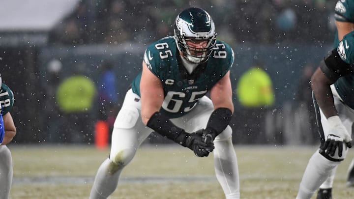 Jan 19, 2025; Philadelphia, Pennsylvania, USA; Philadelphia Eagles offensive tackle Lane Johnson (65) against the Los Angeles Rams in a 2025 NFC divisional round game at Lincoln Financial Field. Mandatory Credit: Eric Hartline-Imagn Images