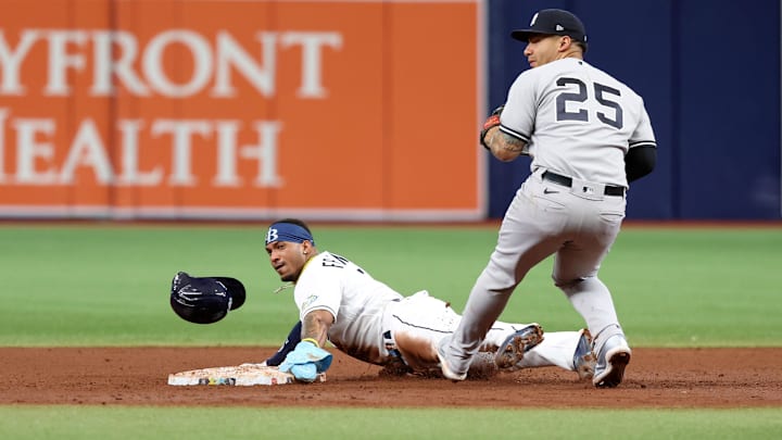 May 6, 2023; St. Petersburg, Florida, USA;  Tampa Bay Rays shortstop Wander Franco (5) steals second