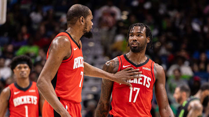 Mar 29, 2026; New Orleans, Louisiana, USA;  Houston Rockets forward Kevin Durant (7) talks to forward Tari Eason (17) as a time out is called against the New Orleans Pelicans during the first half at Smoothie King Center. Mandatory Credit: Stephen Lew-Imagn Images