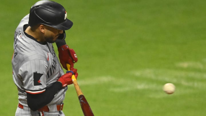 Sep 18, 2024; Cleveland, Ohio, USA; Minnesota Twins shortstop Carlos Correa (4) hits an RBI single in the fifth inning against the Cleveland Guardians at Progressive Field. Mandatory Credit: David Richard-Imagn Images Sep 18, 2024; Cleveland, Ohio, USA; Minnesota Twins shortstop Carlos Correa (4) hits an RBI single in the fifth inning against the Cleveland Guardians at Progressive Field. Mandatory Credit: David Richard-Imagn Images