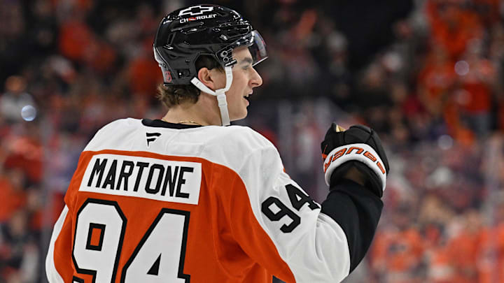 Apr 14, 2026; Philadelphia, Pennsylvania, USA; Philadelphia Flyers right wing Porter Martone (94) celebrates his goal against the Montréal Canadiens during the first period at Xfinity Mobile Arena. Mandatory Credit: Eric Hartline-Imagn Images