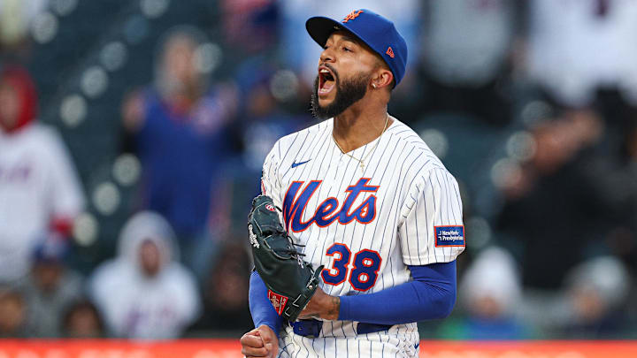 Apr 7, 2026; New York City, New York, USA; New York Mets pitcher Devin Williams (38) reacts after striking out Arizona Diamondbacks catcher Adrian del Castillo (not pictured) the end the top of the ninth inning at Citi Field. Mandatory Credit: Vincent Carchietta-Imagn Images