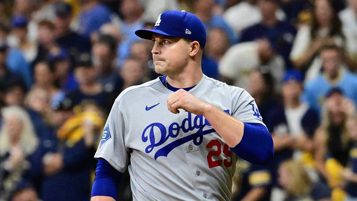 Oct 11, 2026; Milwaukee, Wisconsin, USA;  Los Angeles Dodgers pitcher Tarik Skubal (29) reacts during the fifth inning against the Milwaukee Brewers in game one of the NLCS for the 2026 MLB Playoffs at American Family Field.  Mandatory Credit: Benny Sieu-Imagn Images