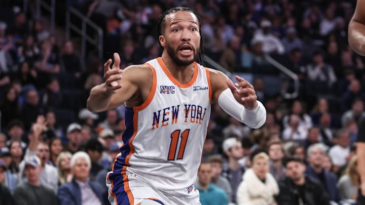 Nov 17, 2024; New York, New York, USA;  New York Knicks guard Jalen Brunson (11) reacts after getting called for a foul in the first quarter against the Brooklyn Nets at Madison Square Garden. Mandatory Credit: Wendell Cruz-Imagn Images