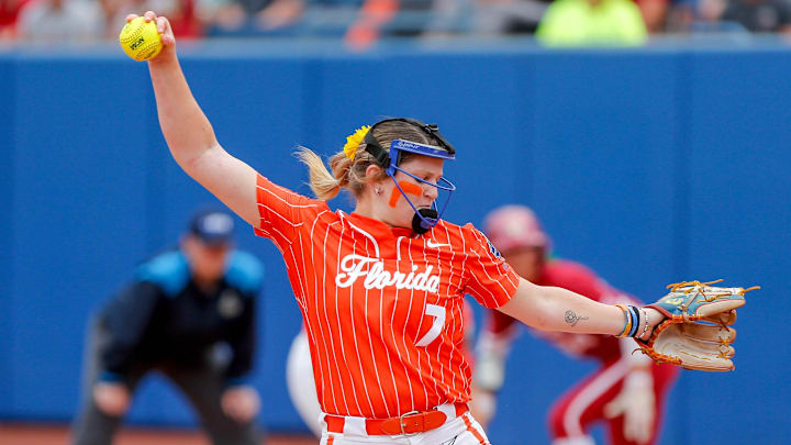 Florida pitcher Keagan Rothrock (7) pitches in the first inning during a Women’s College World Series semifinal game between Oklahoma (OU) and Florida at Devon Park in Oklahoma City, on Monday, June 3, 2024.