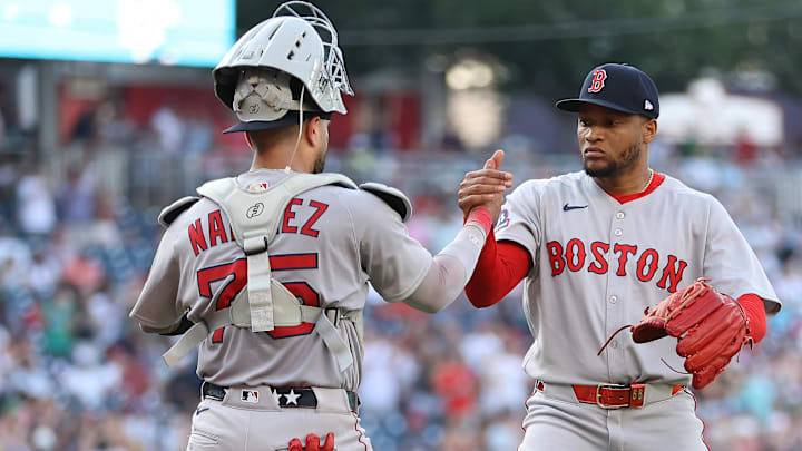 Jul 5, 2025; Washington, District of Columbia, USA; Boston Red Sox pitcher Jorge Alcala (71) celebrates with catcher Carlos Narvaez (75) following a game against the Washington Nationals at Nationals Park. Mandatory Credit: Daniel Kucin Jr.-Imagn Images