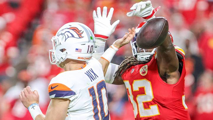 Sep 14, 2026: Kansas City Chiefs linebacker Nick Bolton (32) deflects the pass from Denver Broncos quarterback Bo Nix (10) in the 4th quarter against the Denver Broncos in Kansas City, MO, USA; at Arrowhead Stadium. Sep 14, 2026: Kansas City Chiefs linebacker Nick Bolton (32) deflects the pass from Denver Broncos quarterback Bo Nix (10) in the 4th quarter against the Denver Broncos in Kansas City, MO, USA; at Arrowhead Stadium.