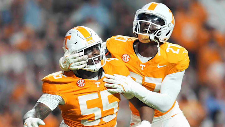 Tennessee’s Tennessee defensive lineman James Pearce Jr. (27) celebraes Tennessee defensive lineman Omarr Norman-Lott’s (55) sack during an NCAA college football game between Tennessee and Mississippi State at Neyland Stadium in Knoxville, Tenn., Saturday, Nov. 9, 2024. (A nice clean celebration shot.) Tennessee’s Tennessee defensive lineman James Pearce Jr. (27) celebraes Tennessee defensive lineman Omarr Norman-Lott’s (55) sack during an NCAA college football game between Tennessee and Mississippi State at Neyland Stadium in Knoxville, Tenn., Saturday, Nov. 9, 2024. (A nice clean celebration shot.)