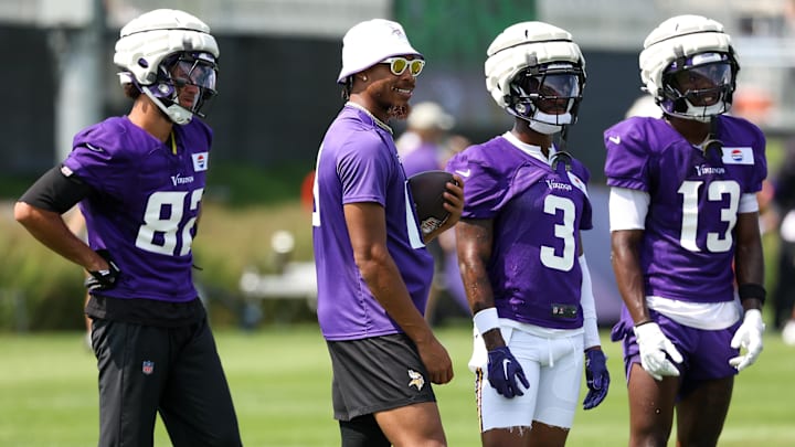 Jul 29, 2025; Eagan, MN, USA; Minnesota Vikings wide receiver Justin Jefferson (18) looks on during the teams training camp at the Minnesota Vikings Training Facility.