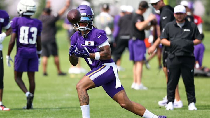 Jul 29, 2025; Eagan, MN, USA; Minnesota Vikings wide receiver Jalen Nailor (1) takes part in drills during the teams training camp at the Minnesota Vikings Training Facility. Mandatory Credit: Matt Krohn-Imagn Images Jul 29, 2025; Eagan, MN, USA; Minnesota Vikings wide receiver Jalen Nailor (1) takes part in drills during the teams training camp at the Minnesota Vikings Training Facility. Mandatory Credit: Matt Krohn-Imagn Images