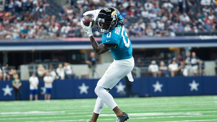 Aug 12, 2023; Arlington, Texas, USA;  Jacksonville Jaguars wide receiver Calvin Ridley (0) makes a
