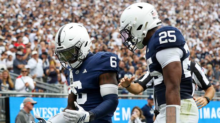 Penn State Nittany Lions wide receiver Koby Howard (6) celebrates with running back Quinton Martin Jr. (25) after scoring a touchdown during the second quarter against the Buffalo Bullsat Beaver Stadium. Penn State Nittany Lions wide receiver Koby Howard (6) celebrates with running back Quinton Martin Jr. (25) after scoring a touchdown during the second quarter against the Buffalo Bullsat Beaver Stadium.