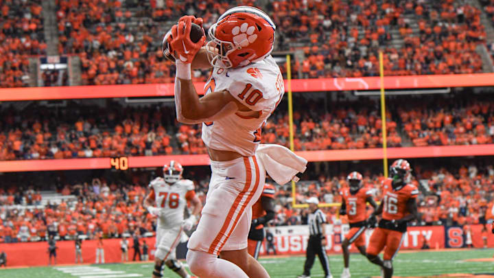 Clemson wide receiver Troy Stellato (10) catches a pass for a touchdown during the first quarter Sep 30, 2023; Syracuse, New York, USA; at JMA Wireless Dome.