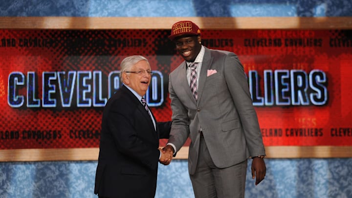 Jun 27, 2013; Brooklyn, NY, USA; Anthony Bennett (UNLV) shakes hands with NBA commissioner David Stern after being selected as the number one overall pick to the Cleveland Cavaliers during the 2013 NBA Draft at the Barclays Center. Mandatory Credit: Jerry Lai-Imagn Images