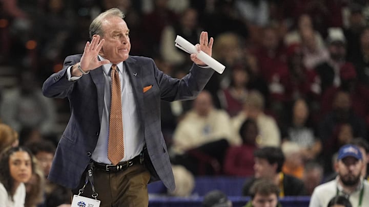 March 9, 2025; Greenville, SC, USA; Texas Longhorns head coach Vic Schaefer signals to his team during the first half against the South Carolina Gamecocks at Bon Secours Wellness Arena.