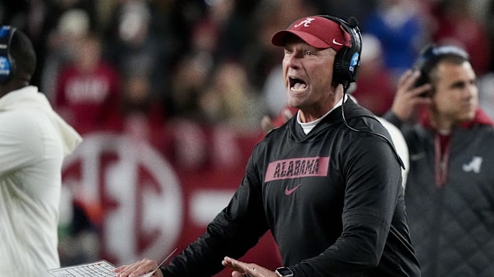 Nov 30, 2024; Tuscaloosa, Alabama, USA;  Alabama Crimson Tide head coach Kalen DeBoer is upset with officials after a Tide player was called for a personal foul during the second half against the Autumn Tigers at Bryant-Denny Stadium. Alabama won 28-14. Mandatory Credit: Gary Cosby Jr.-Imagn Images