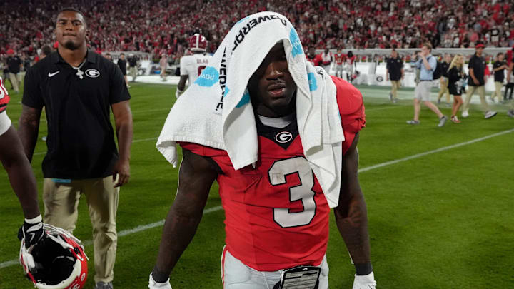 Georgia Bulldogs running back Nate Frazier (3) reacts while leaving the field after a NCAA college football game against Alabama in Athens, Ga., on Saturday, September 27, 2025. Alabama won 21-24.