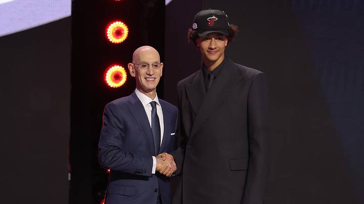 Jun 23, 2026; New York, NY, USA; NBA commissioner Adam Silver greets the thirteenth pick in the 2026 NBA draft, Tennessee forward Nate Ament after he was selected by the Miami Heat at Barclays Center. Mandatory Credit: Brad Penner-Imagn Images