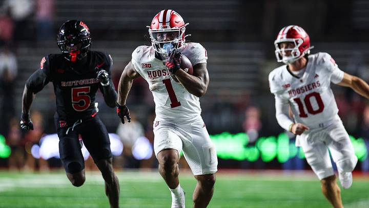 Oct 3, 2026; Piscataway, New Jersey, USA; Indiana Hoosiers running back Turbo Richard (1) gains yards after catch as Rutgers Scarlet Knights defensive back Bradlee Jones (5) pursues during the second half at SHI Stadium. Mandatory Credit: Vincent Carchietta-Imagn Images Oct 3, 2026; Piscataway, New Jersey, USA; Indiana Hoosiers running back Turbo Richard (1) gains yards after catch as Rutgers Scarlet Knights defensive back Bradlee Jones (5) pursues during the second half at SHI Stadium. Mandatory Credit: Vincent Carchietta-Imagn Images