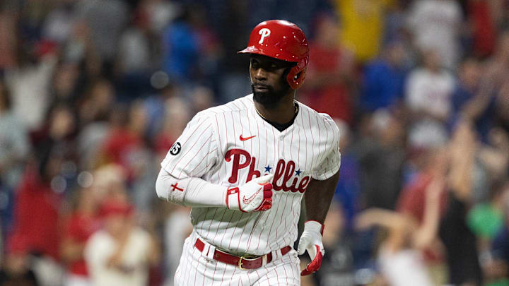 Sep 22, 2021; Philadelphia, Pennsylvania, USA; Philadelphia Phillies center fielder Andrew McCutchen (22) looks back at his dugout after hitting a two RBI home run against the Baltimore Orioles during the sixth inning at Citizens Bank Park.