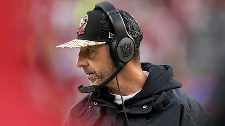 Jan 14, 2023; Santa Clara, California, USA; San Francisco 49ers head coach Kyle Shanahan on the sidelines in the fourth quarter of a wild card game against the Seattle Seahawks at Levi's Stadium. Mandatory Credit: Cary Edmondson-Imagn Images