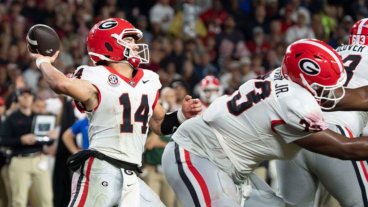 Georgia quarterback Gunner Stockton throws a pass against Alabama in Week 6. Georgia quarterback Gunner Stockton throws a pass against Alabama in Week 6.