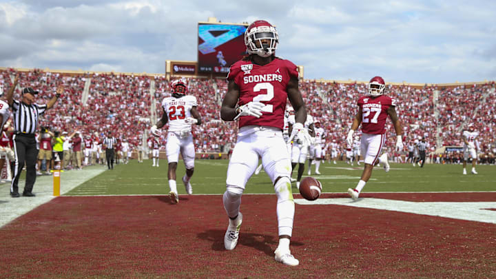 Sep 28, 2019; Norman, OK, USA;  Oklahoma Sooners wide receiver CeeDee Lamb (2) reacts after scoring a touchdown.