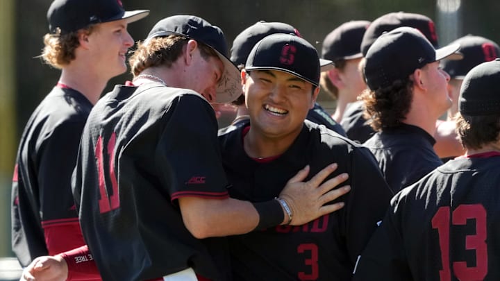 Mar 1, 2025; Stanford, CA, USA; Stanford Cardinal catcher Luke Lavin (11) and first baseman Rintaro Sasaki (3) laugh before the game against the Xavier Musketeers at Sunken Diamond. Mandatory Credit: Darren Yamashita-Imagn Images Mar 1, 2025; Stanford, CA, USA; Stanford Cardinal catcher Luke Lavin (11) and first baseman Rintaro Sasaki (3) laugh before the game against the Xavier Musketeers at Sunken Diamond. Mandatory Credit: Darren Yamashita-Imagn Images