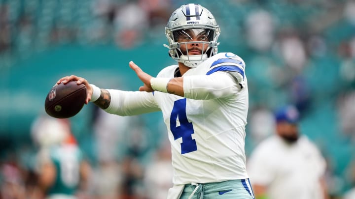 Dec 24, 2023; Miami Gardens, Florida, USA; Dallas Cowboys quarterback Dak Prescott (4) warms up prior to the game against the Miami Dolphins at Hard Rock Stadium. Mandatory Credit: Jasen Vinlove-USA TODAY Sports