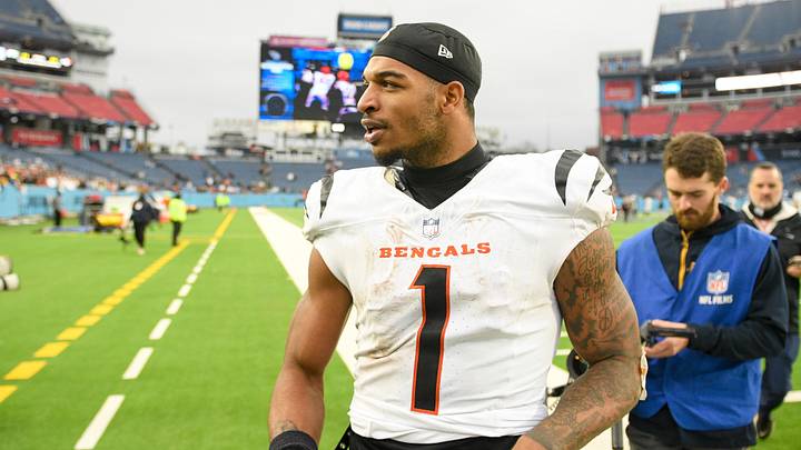 Dec 15, 2024; Nashville, Tennessee, USA;Cincinnati Bengals wide receiver Ja'Marr Chase (1) walks off the field against the Tennessee Titans post game  at Nissan Stadium. Mandatory Credit: Steve Roberts-Imagn Images