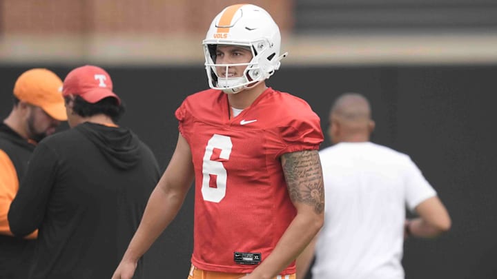 Tennessee quarterback Joey Aguilar (6) during Tennessee football preseason practice, in Knoxville, Tennessee, July 31, 2025.