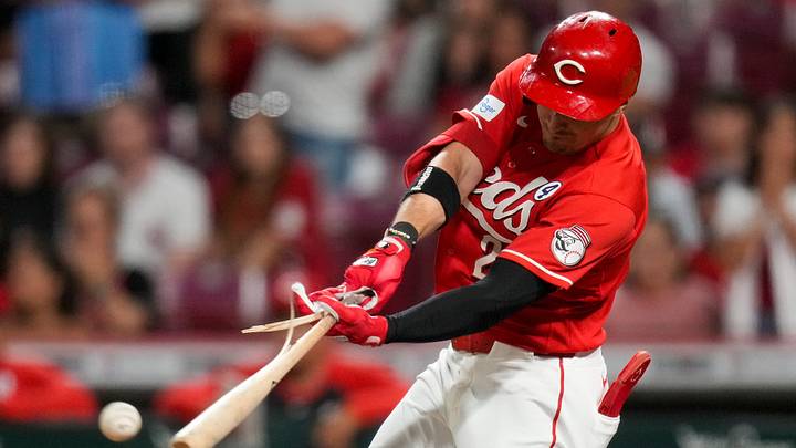 Cincinnati Reds left fielder JJ Bleday (22) breaks his bat a he lines out in the ninth inning of the MLB Interleague game between the Cincinnati Reds and the Kansas City Royals at Great American Ball Park in Cincinnati on Tuesday, June 2, 2026. The Reds won 4-3 on a walkoff hit by Blake Dunn, scoring Spencer Steer from second base in the 10th inning. Cincinnati Reds left fielder JJ Bleday (22) breaks his bat a he lines out in the ninth inning of the MLB Interleague game between the Cincinnati Reds and the Kansas City Royals at Great American Ball Park in Cincinnati on Tuesday, June 2, 2026. The Reds won 4-3 on a walkoff hit by Blake Dunn, scoring Spencer Steer from second base in the 10th inning.