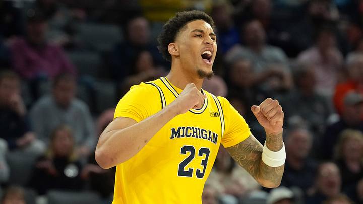 Nov 25, 2025; Las Vegas, NV, USA; Michigan Wolverines forward Yaxel Lendeborg (23) reacts during the first half in a 2025 Players Era Festival group play game against the Auburn Tigers at Michelob ULTRA Arena. Nov 25, 2025; Las Vegas, NV, USA; Michigan Wolverines forward Yaxel Lendeborg (23) reacts during the first half in a 2025 Players Era Festival group play game against the Auburn Tigers at Michelob ULTRA Arena.