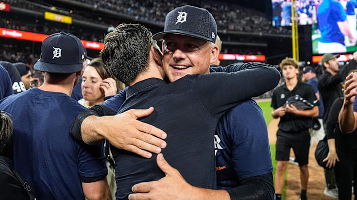 Detroit Tigers manager A.J. Hinch, right, hugs general manager Jeff Greenberg after 4-1 win over Chicago White Sox to clinch a wild card spot in the MLB playoff at Comerica Park in Detroit on Friday, Sept. 27, 2024. Detroit Tigers manager A.J. Hinch, right, hugs general manager Jeff Greenberg after 4-1 win over Chicago White Sox to clinch a wild card spot in the MLB playoff at Comerica Park in Detroit on Friday, Sept. 27, 2024.