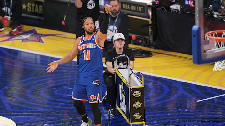 Feb 15, 2025; San Francisco, CA, USA; New York Knicks guard Jalen Brunson (11) competes in the three-point contest during All Star Saturday Night ahead of the 2025 NBA All Star Game at Chase Center. Mandatory Credit: Cary Edmondson-Imagn Images